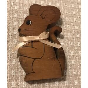 Vintage Decorative Wooden Mouse With Ribbon Bow. Adorable! Cottagecore.
